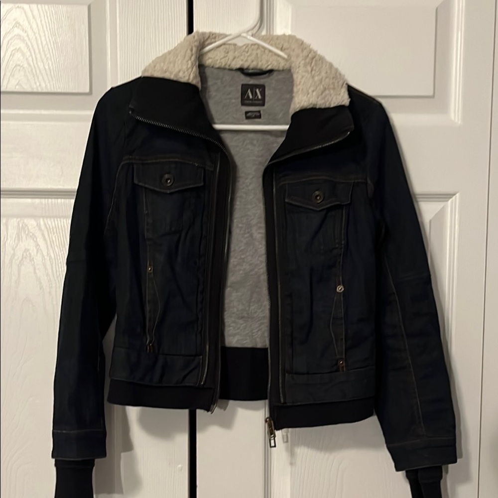 Armani Exchange A/X
Size small dark denim jacket with wool collar.